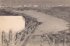 MAP:  Lake Zurich, SWITZERLAND - TOWNS & MOUNTAIN PEAK KEY - Picture 1 of 2