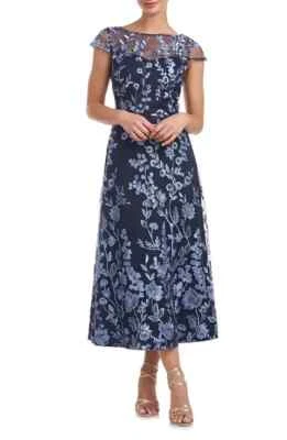 JS Collections Navy Blue Meredith Floral Embroidery A-Line Dress Size 14 $268 - Image 1 of 3