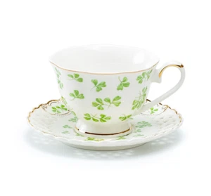 Grace Teaware Shamrock Fine Porcelain Tea Cup and Saucer with Pierced Design - Picture 1 of 2