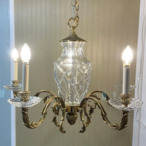Lovely Vintage Hollywood Regency Brass & Crystal Chandelier Cover