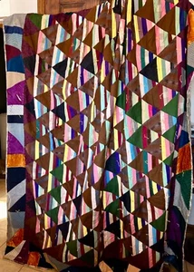 Vintage Handmade Crazy Quilt Velvet Silk Wool Flannel Triangles Full Sz 72x82” - Picture 1 of 23