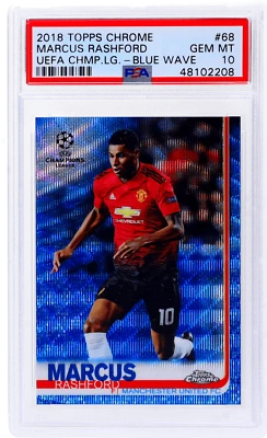 2018 Topps Chrome UCL Marcus Rashford Blue Wave Refractor #68/75 PSA 10 Foto 1 de 2