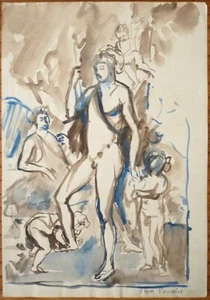 Dessin au lavis d'encre de René THOMSEN (1897-1976) daté 1943 d'ap. POUSSIN - Picture 1 of 1