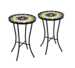 Side Tables Set 2 Mosaic Sunflower Indoor Outdoor Patio Garden Accent Tables