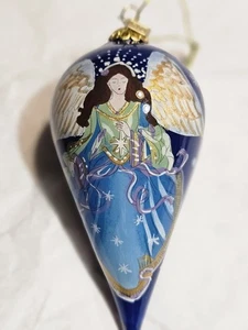 Li Bien For Pier 1 Reverse Painted Hanging Ornament Blue Angel Teardrop Shape 5" - Picture 1 of 5