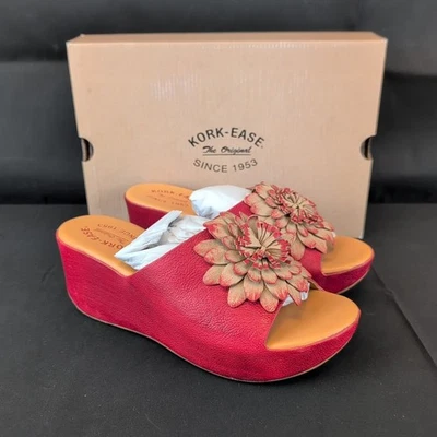 Kork-Ease Sundance Sandals Size 9 Red Leather Flower Slides Wedges Comfort - Image 1 of 4