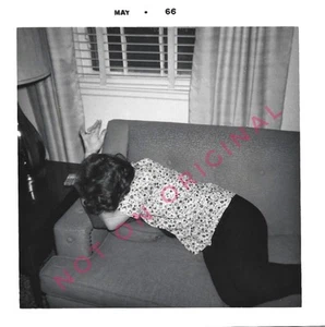 Vintage Old 1960s Photo of Woman Girl Lying Face Down on Couch with Her Hand Up - Picture 1 of 1