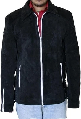 Mens Navy Blue Suede Leather Jacket Slim Fit Trucker Jacket Custom Size S M L XL - Image 1 of 2