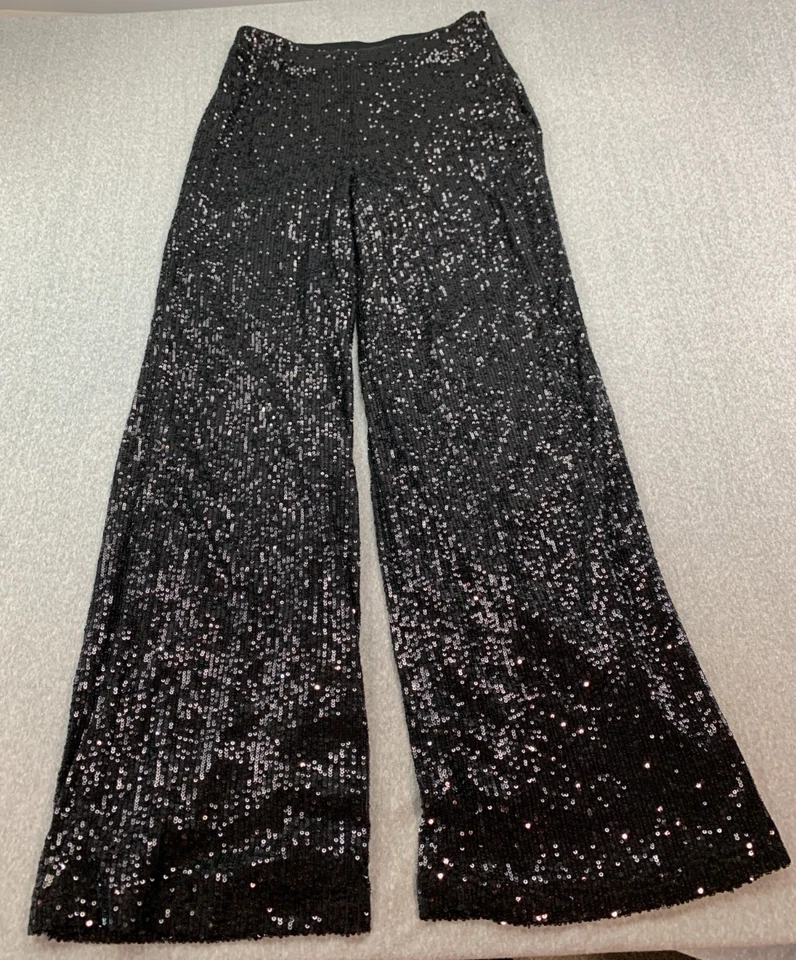 Truth Wide Leg Sequin Pants Women Sz 6 Black Shimmer Lined Cocktail Formal Sleek