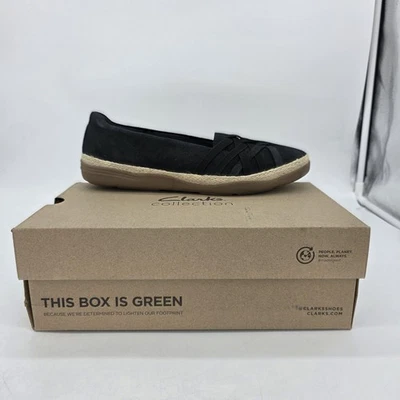 Zapatos Clarks Elaina Petal Para Mujer Talla 12 W Negro Gamuza Sin Cordones Planos Alpargata Foto 1 de 4