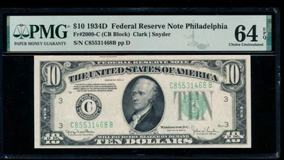 AC 1934D $10 Philadelphia FRN PMG 64 EPQ Fr 2009-C - Image 1 of 2