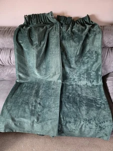 Vintage Emerald Green Cotton Velvet Pencil Pleat Curtains - L60" x W49" EACH - Picture 1 of 12