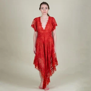 High Low Boho Dress Small Medium Rust Orange Festival Deep V Neck Lace NastyGal - Picture 1 of 8