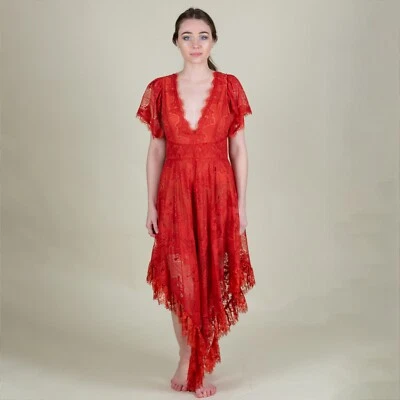 Высокий низкий богемное платье маленький средний ржавчины оранжевый фестиваль глубокий v-образным вырезом кружева NastyGal - Изображение 1 из 4