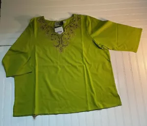 Bob Mackie Wearable Art Embroidered V-Neck Top ¾ Sleeve New 3X Green - Picture 1 of 6