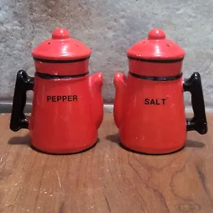 Vintage Red Black Ceramic Teapot Coffee Pot Salt & Pepper Shaker - Picture 1 of 9