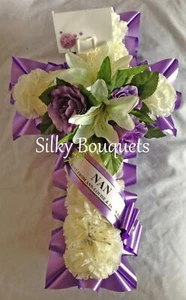 Cross Artificial Silk Funeral Flower Tribute Memorial Wreath Faux Mum Nan Gran - Picture 1 of 9