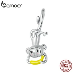 Bamoer 925 Sterling Silver Monkey Banana Necklace Pendant Bracelet Charm Bead  - Picture 1 of 13
