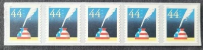 Quill and Inkwell strip of of 5 coil 44c stamps includes coil count on back MNH - Image 1 of 2