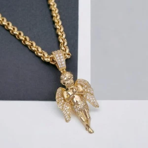 Gold Praying Angel Pendant On 24" Belcher Chain Cubic Zirconia Angel Wings 9ct - Picture 1 of 6