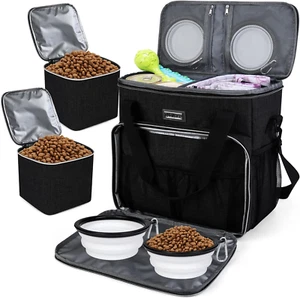 Borsa da viaggio per cani con 2 contenitori e ciotole per alimenti, kit da viaggio essenziale per animali domestici - Foto 1 di 24