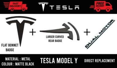 AFTERMARKET PREMIUM TESLA MODEL Y - SET BADGE ANTERIORE E POSTERIORE NERO OPACO include doppio distintivo motore