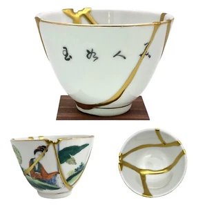 Kintsugi Cup Chinese Porcelain Geisha Calligraphy Gold Crack Art Growth Gift - Picture 1 of 10