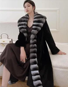 Cappotto Lungo Parka Donna Nero Finta Lusso Pelliccia Babbo Grande Collare Lungo Inverno Caldo - Foto 1 di 16