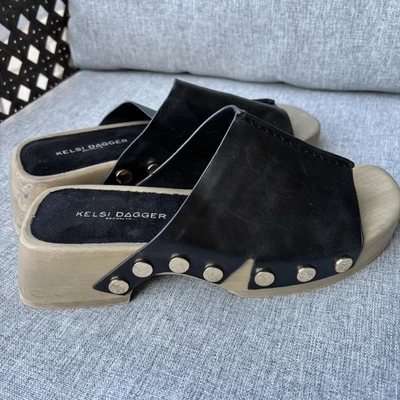 Kelsi Dagger Brooklyn Sz 6.5 Black Leather Clogs Gold Studded Wooden Heel - Image 1 of 4