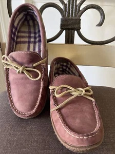 Womens LL Bean Purple Suede Flannel Plaid Moccasin Size 7 Medium Slip On Shoe - Picture 1 of 10