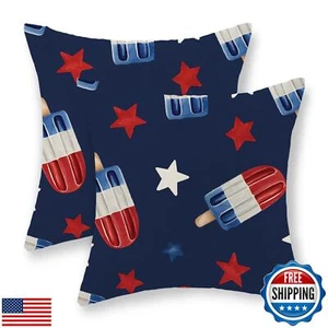 4th of July Pillow Covers 18x18 Set of 2 Red Blue White Stars Patriotic Throw - Picture 1 of 5
