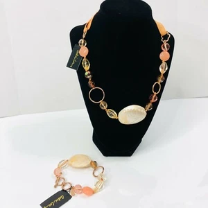 Cookie Lee Shell Necklace Bracelet Set Beaded Crystal Ribbon Coral Orange Pink - Picture 1 of 7