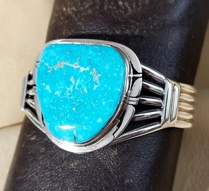 Navajo P. SANCHEZ Kingman Turquoise Sterling Cuff Bracelet RARE BEAUTY - Picture 1 of 8