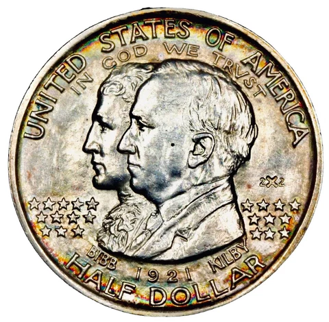 1921 Alabama 2x2 Commemorative Half Dollar, Choice BU Gem, 🌈Toning,  Luster + Cover