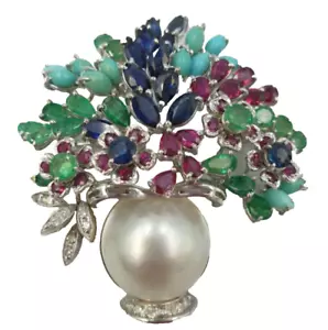 SPILLA VINTAGE ANNI '60 VASO DI FIORI ORO BIANCO 18K PIETRE PREZIOSE VARIE - Foto 1 di 12
