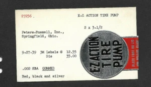 Bomba de neumáticos de acción E-Z 1939 etiqueta de aluminio... Archivo Angell MFG - Imagen 1 de 3