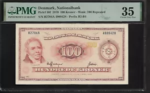 Denmark 100 Kroner 1970 PMG 35 P# 46f Nationalbank S/N B2704A - Picture 1 of 4