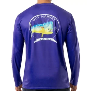 Camicia Guy Harvey Uomo XXL Mahi Performance Protezione Solare Manica Lunga Nuova con etichette Blu - Foto 1 di 7
