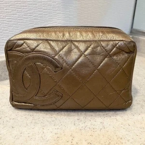 Authentic CHANEL Cambon Line Makeup Pouch Accessory case Gold Made in France - Picture 1 of 11