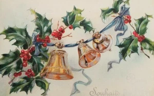 Bons Souhaits de noel Christmas Embossed Postcard Raphael Tuck Holly Rectangle - Picture 1 of 3