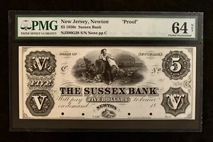 NQC New Jersey, Newton 1850s G38 $5 Sussex Bank (Proof) Choice Unc. 64 NET - Imagen 1 de 2