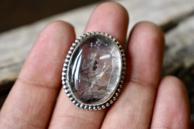 Elegant Black Rutile Quartz Oval Large Gemstone 925 Sterling Silver Ring Gift - Image 1 of 4