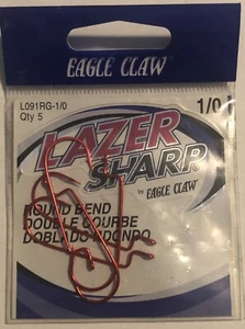Eagle Claw Lazer Sharp Fish Hook Round Bend Red L091RG 1/0 - 5-pk - Picture 1 of 2