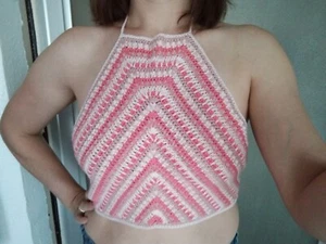 Handmade Women's Crochet Halter Top Crop Top Pink Sweater - Picture 1 of 11
