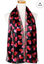 Women's Black Silk Feel Valentine's Day Scarf Multicolor Pink Red Heart Print