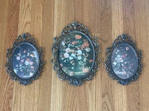 Oval Ornate Domed Glass Brass Frames Italy Vintage Floral Pictures Set of 3 - Picture 1 of 10