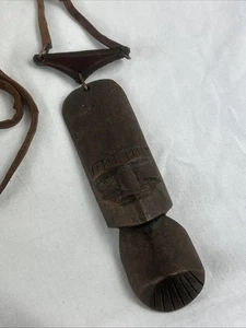Tribal Face Necklace Carved Wood Pendant 32” Leather Cord Dark Brown Vintage - Picture 1 of 9