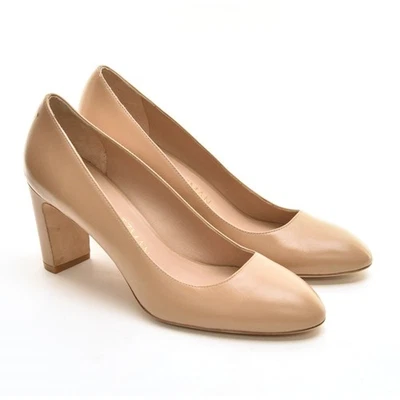 Ladies Stuart Weitzman Vida 75 Pump 9 B Adobe Leather Round Toe Dress Heel Shoes - Image 1 of 4