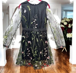 Girls Black Tulle Mesh Embroidered Overlay Floral Dress Medium Fairy Princess - Picture 1 of 17