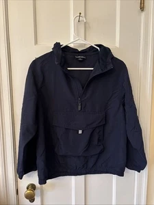 Lands End Jacket Boys Navy Hooded Quarter Zip Windbreaker Front Pocket M 10-12 - Picture 1 of 5